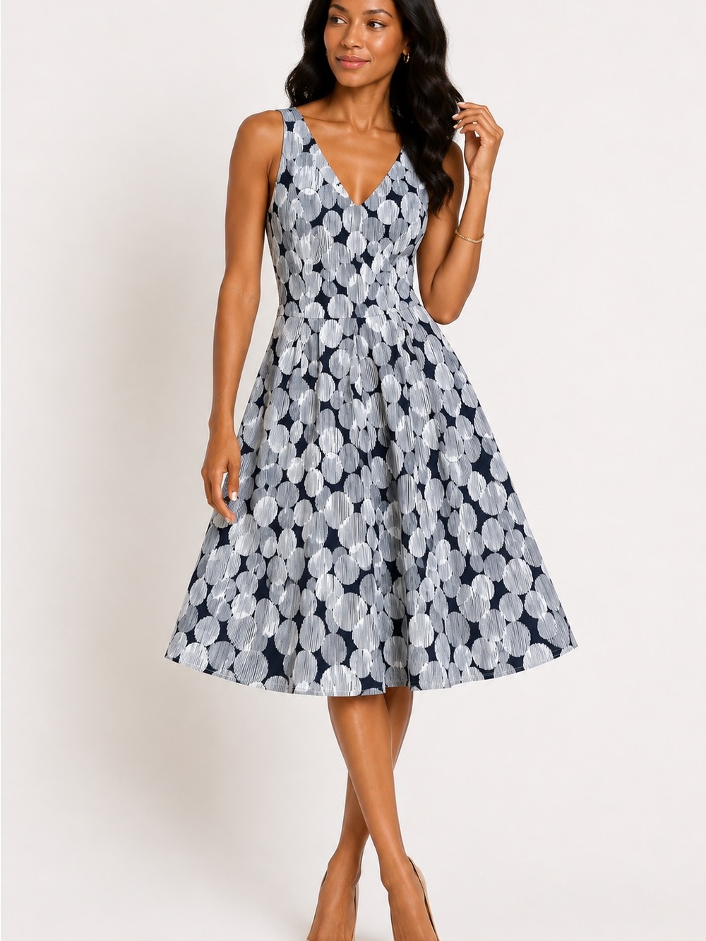 Nine West Fit & Flare Dress Navy Midi Cotton Size 4 Office Retro
